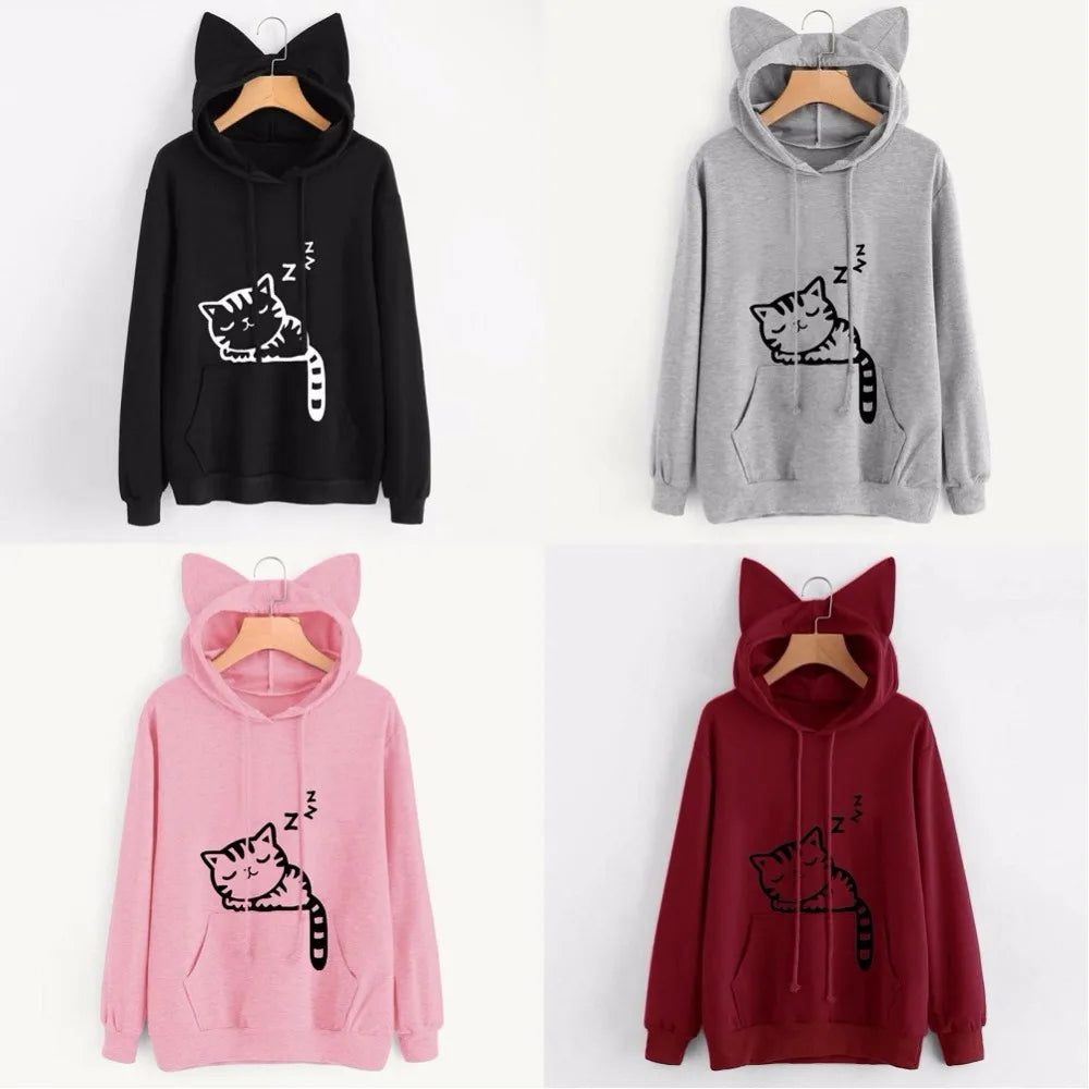 Women Sweatshirt Cat Ear Funny Hoodie Mujer Tracksuits Kawaii Print Cat Cartoon Feminino Fashion Autumn Sweatshirts #256785