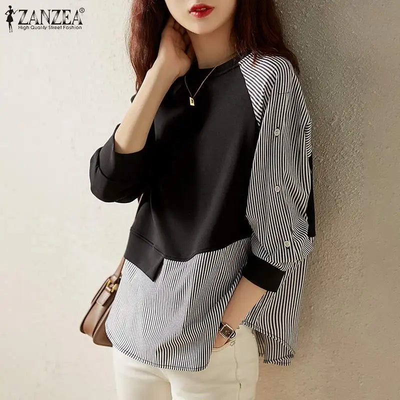 ZANZEA Autumn Striped Sweatshirts Hoodies Patchwork Pullover Fashion O Neck Women Long Sleeve Irregular Tops Spring Hooded Blusa