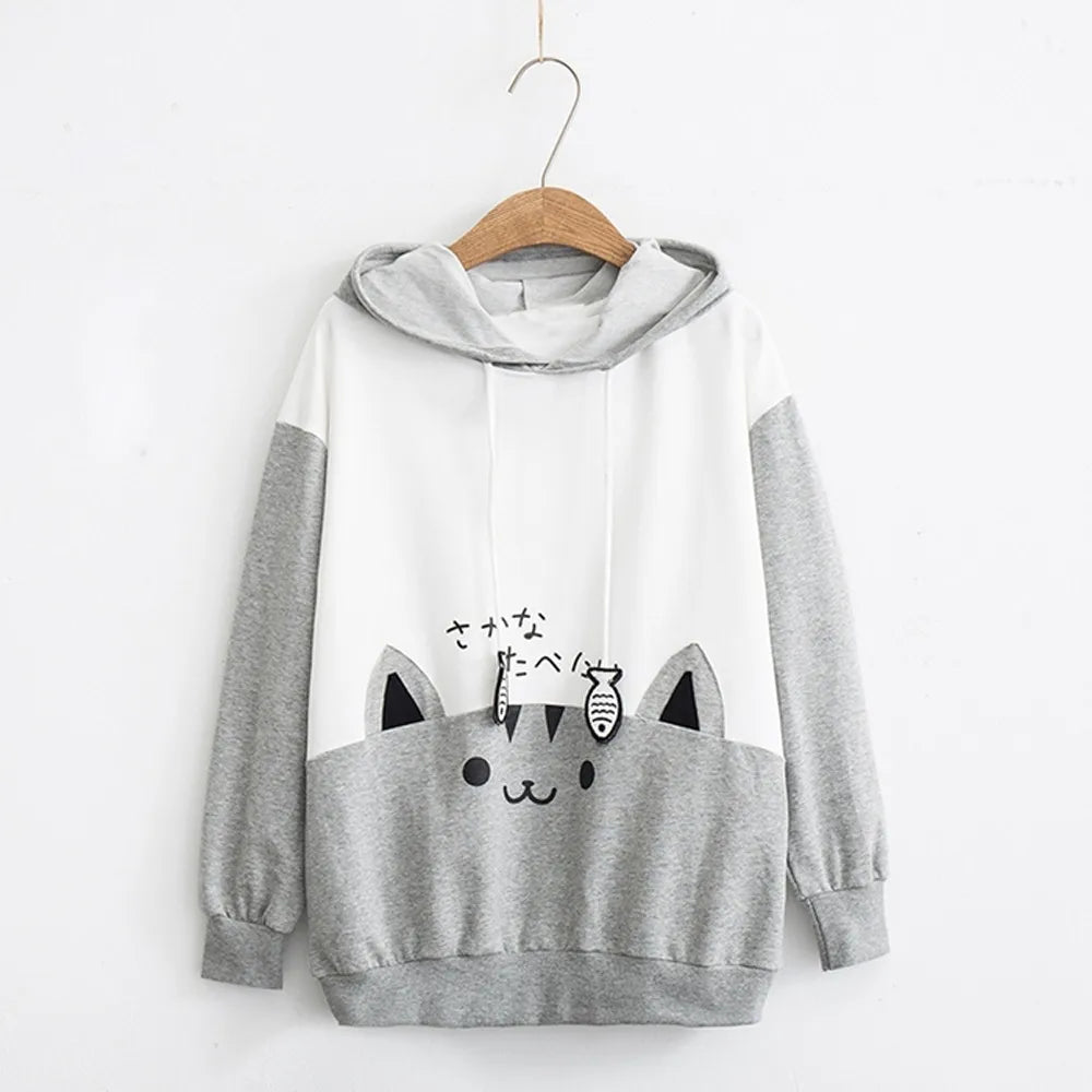 Women sweatshirt Cat Print hoodies kawaii Japanes pullovers Loose Casual Long Sleeve Pocket Hoodie Blouse Tops sudadera mujer