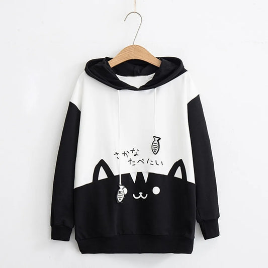 Women sweatshirt Cat Print hoodies kawaii Japanes pullovers Loose Casual Long Sleeve Pocket Hoodie Blouse Tops sudadera mujer