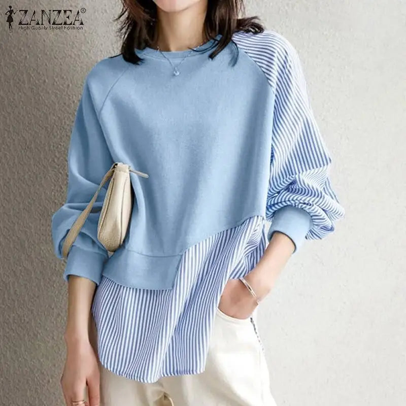 ZANZEA Autumn Striped Sweatshirts Hoodies Patchwork Pullover Fashion O Neck Women Long Sleeve Irregular Tops Spring Hooded Blusa