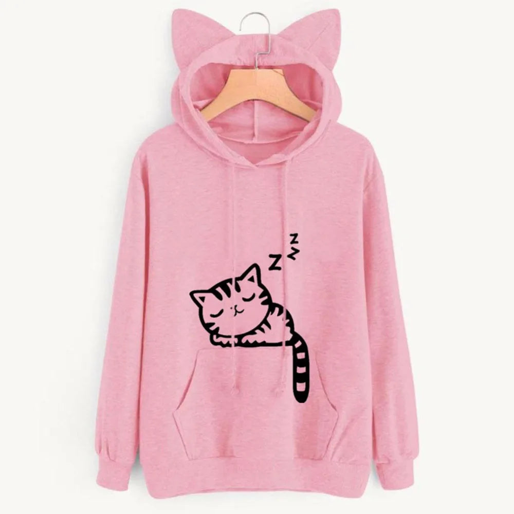 Women Sweatshirt Cat Ear Funny Hoodie Mujer Tracksuits Kawaii Print Cat Cartoon Feminino Fashion Autumn Sweatshirts #256785