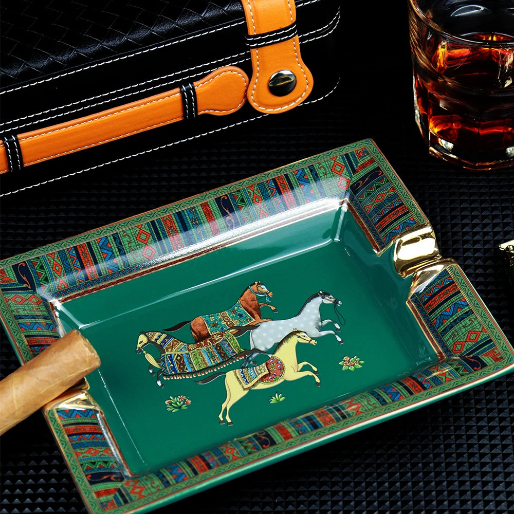 Ceramic Cigar Ashtray Simple Large Home Living Room Decoration Tabacco Ash Holder Tray Green Horse Gift Box Package CA-023