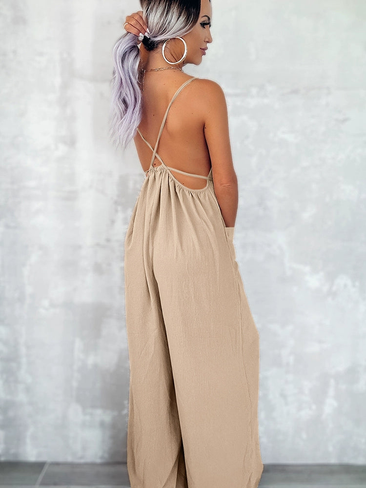 Fashion Loose Backless Suspender Jumpsuit Women 2024 Summer New Arrival Personalized Sexy Cold-Shoulder Sleeveless Jumpsuit Trousers