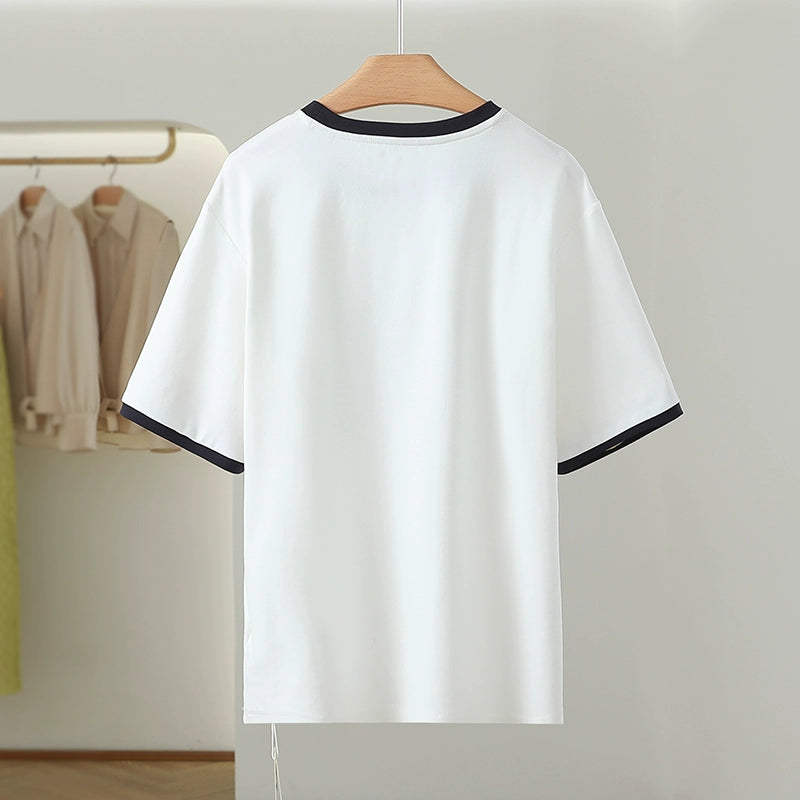 Korean Style Contrast Color Pure Cotton Letter Print T-shirt