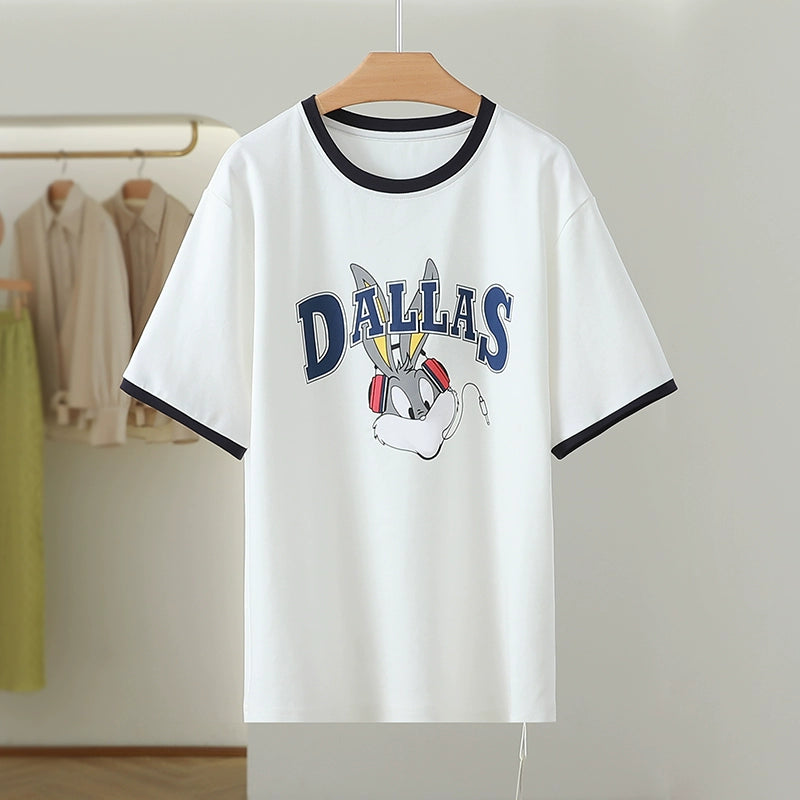 Korean Style Contrast Color Pure Cotton Letter Print T-shirt