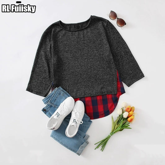 R'l Autumn New Arrival Plaid Stitching Straight-leg Tops Chubby Girl plus Size Three-Quarter-Length-Sleeved T-shirt Female 1854