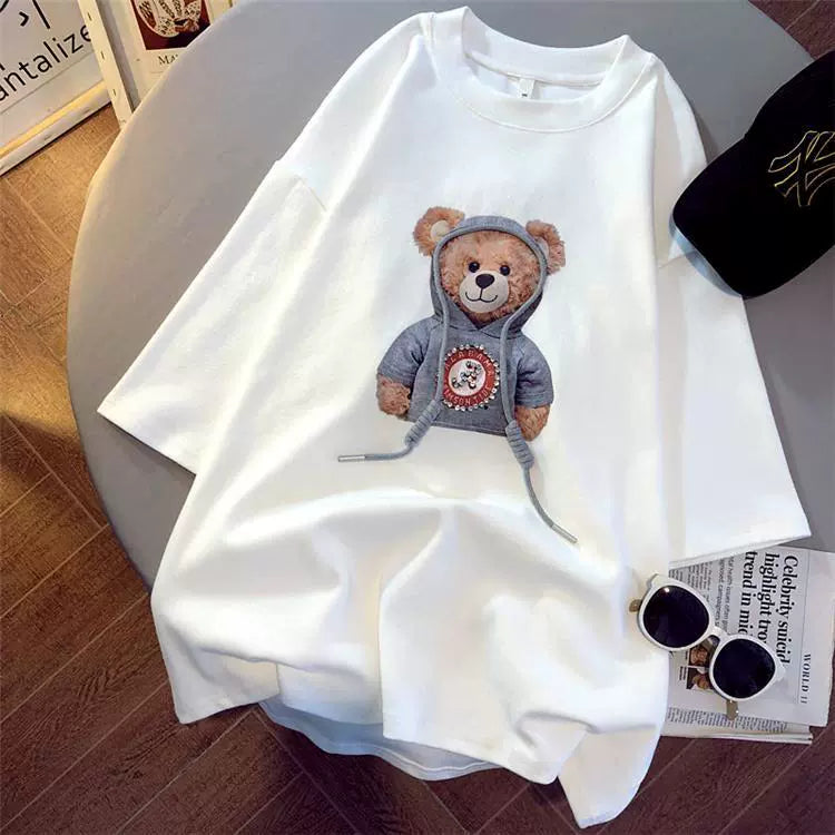 Plus Size Fat Mm2022 New Arrival T-Shirt Large Inst Short Sleeve Bear Print K-style Tide Students' Half-Length Sleeve Top 240