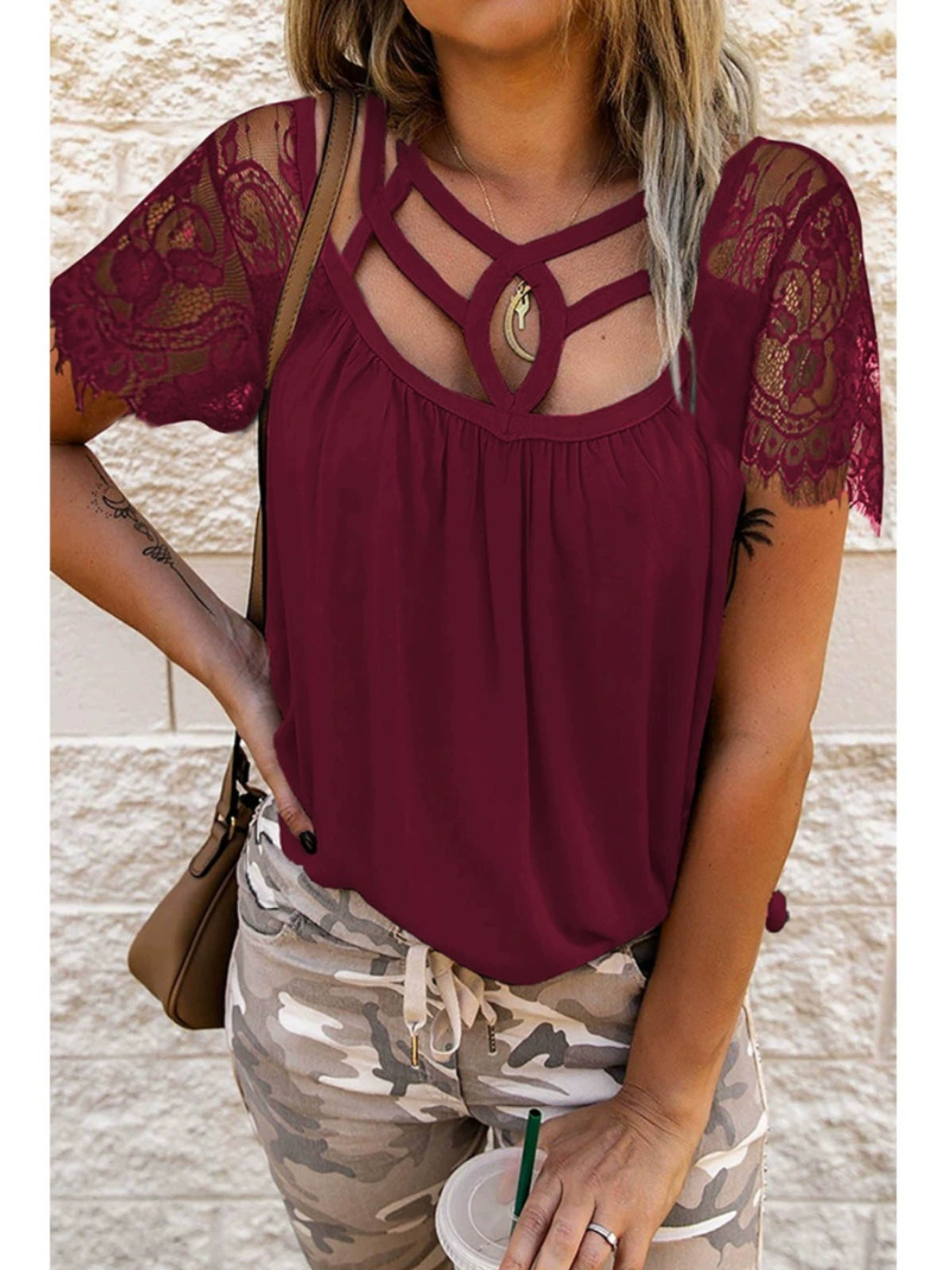 Pure Color Summer Loose Plaid Half Sleeve Tops Lace