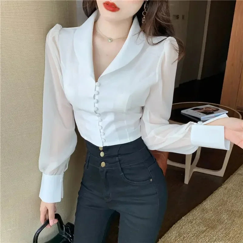 Xiaoxiangfeng Bow Shirt Spring 2024 Lace-up High Waist Slimming Super Fairy Beauty Micro-permeable Puff Sleeve Temperament Top