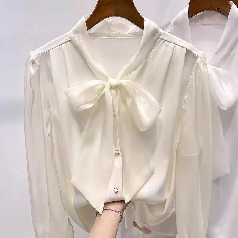 Chiffon Blouse Women Long Sleeve Ribbon Elegant Blouse for Women Korean Fashion Shirts and Blouses 2023 Autumn Women's Clothing