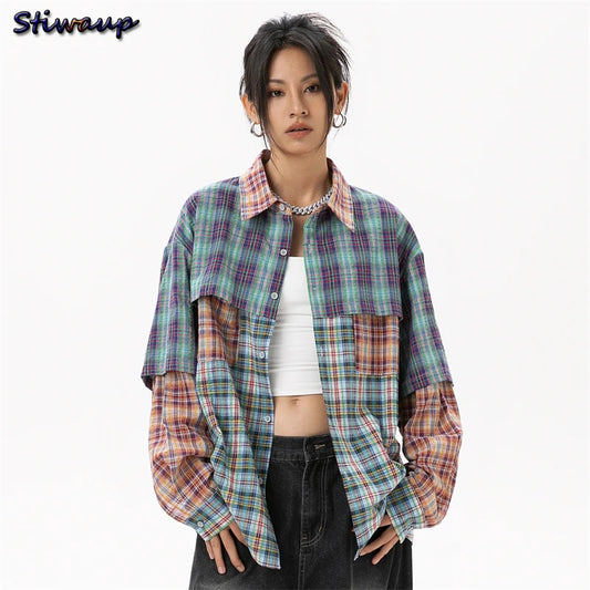 Plaid Shirts & Blouses Plus Size Woman Korean Style Fashion Women's Clothing Sales Trend 2024 Youthful Woman Clothes Ladies Tops