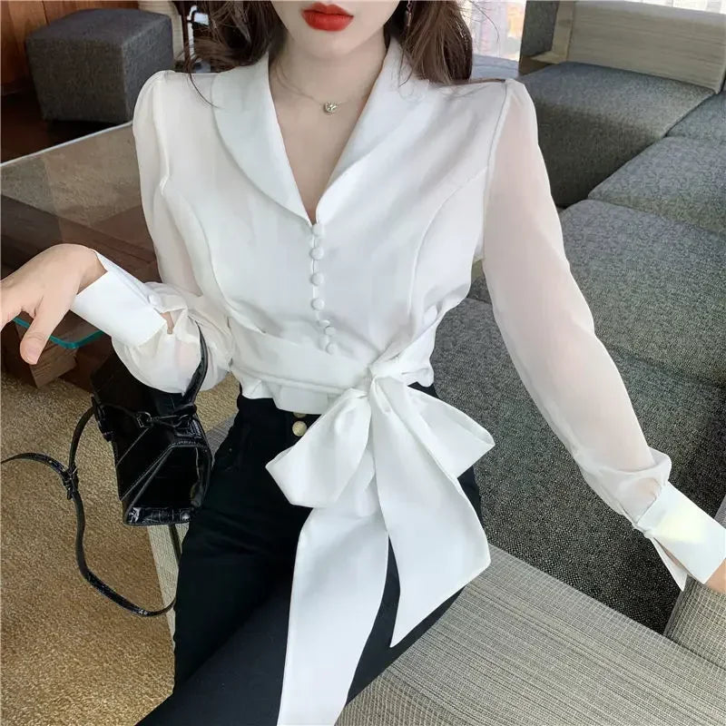 Xiaoxiangfeng Bow Shirt Spring 2024 Lace-up High Waist Slimming Super Fairy Beauty Micro-permeable Puff Sleeve Temperament Top