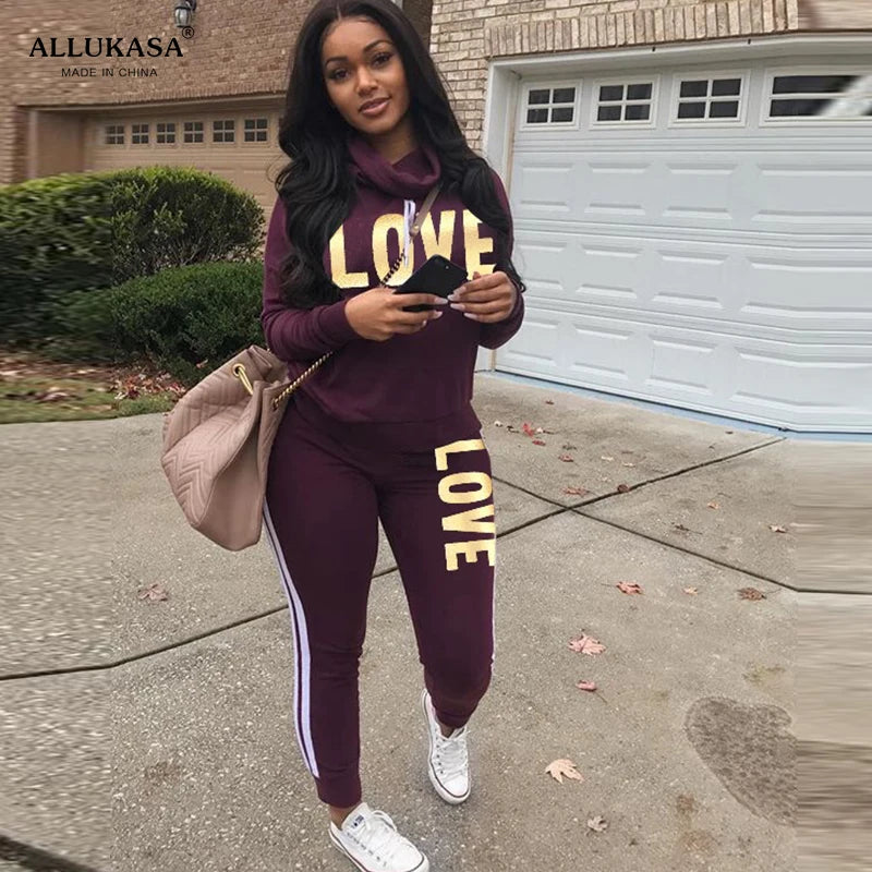 2 Piece Set Women Outfit LOVE Letter Print High Neck Hoodies Sweatshirt Pants Tracksuit 2022 Plus Size Streetwear Casual Suit