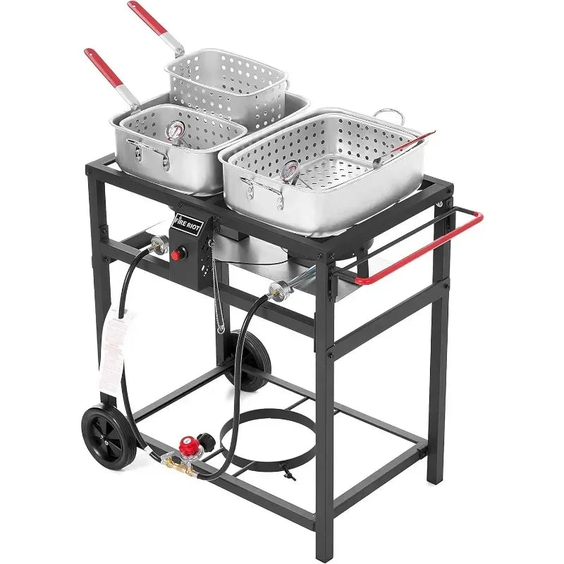 Fire Riot Propane Outdoor Double Burner Deep Fryer Cart, 2-18QT Aluminum Pots & Frying Baskets, Best for Fish Fry, Wings