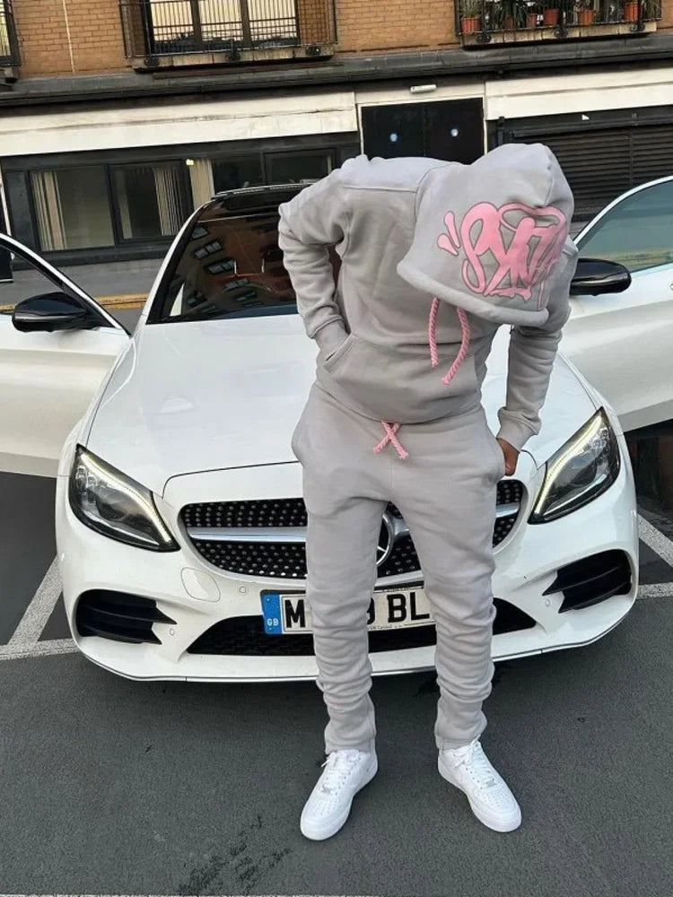 Men Cotton Printed Tracksuit 2PCS Set Hoodies Straight Pants Casual Loose Hip Hop Sports Hooded Pullover Trousers Y2k Streetwear