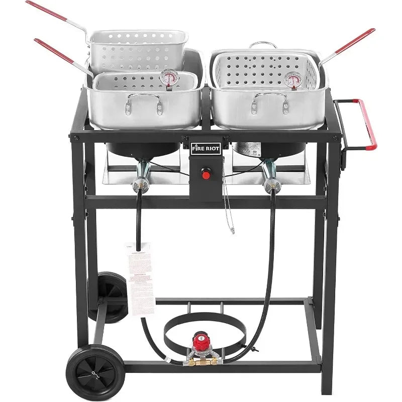 Fire Riot Propane Outdoor Double Burner Deep Fryer Cart, 2-18QT Aluminum Pots & Frying Baskets, Best for Fish Fry, Wings