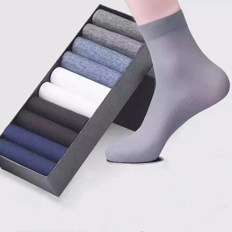 10pairs/Men's Socks Thin Ice Stockings Summer Breathable Casual Socks Solid Color Elastic Ice Silk Cool Mid-tube Business Socks