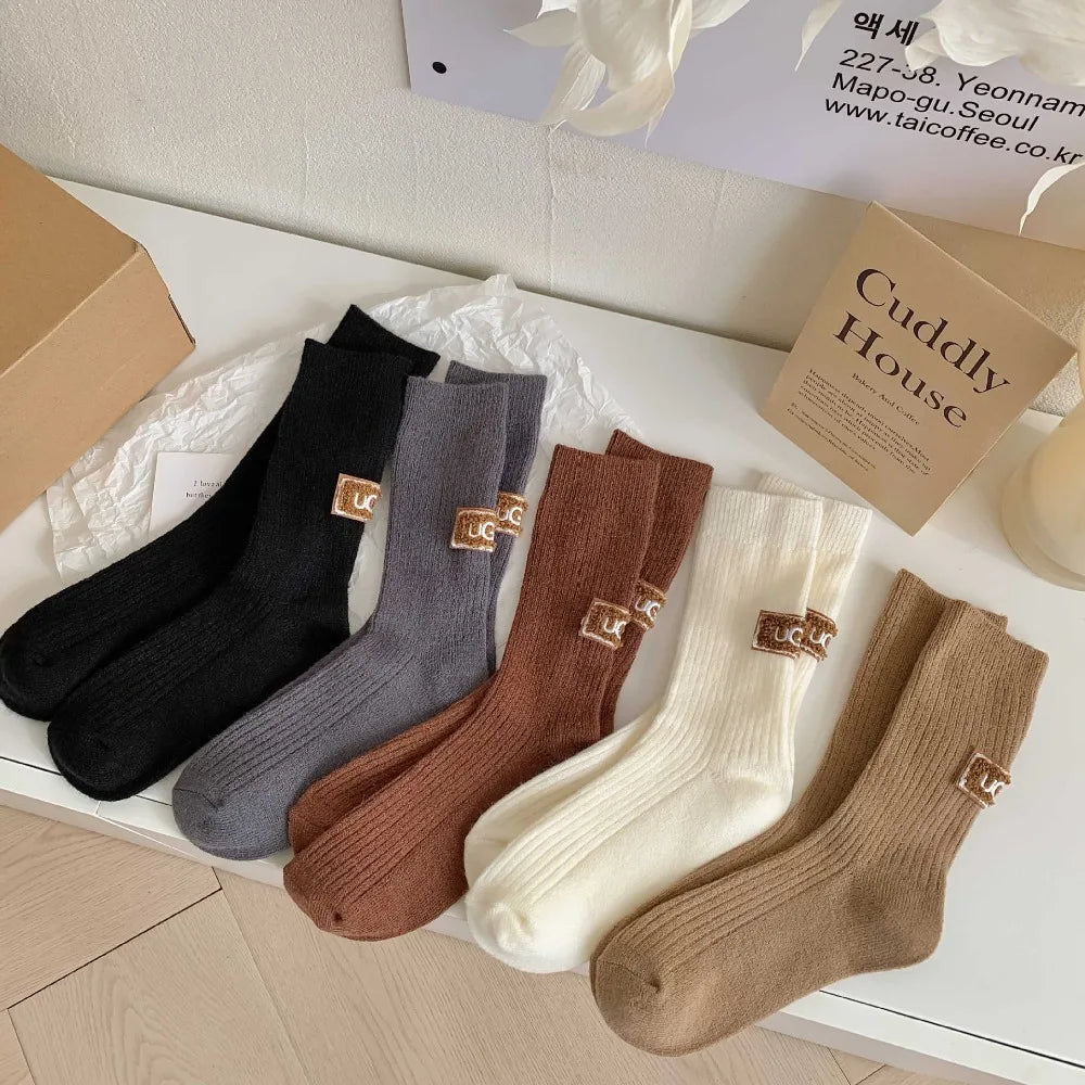 New Middle Tube Mid-Tube Socks Knitted Solid Color Snow Boot Socks Heel Furry Label Keep Warm Women Socks Autumn