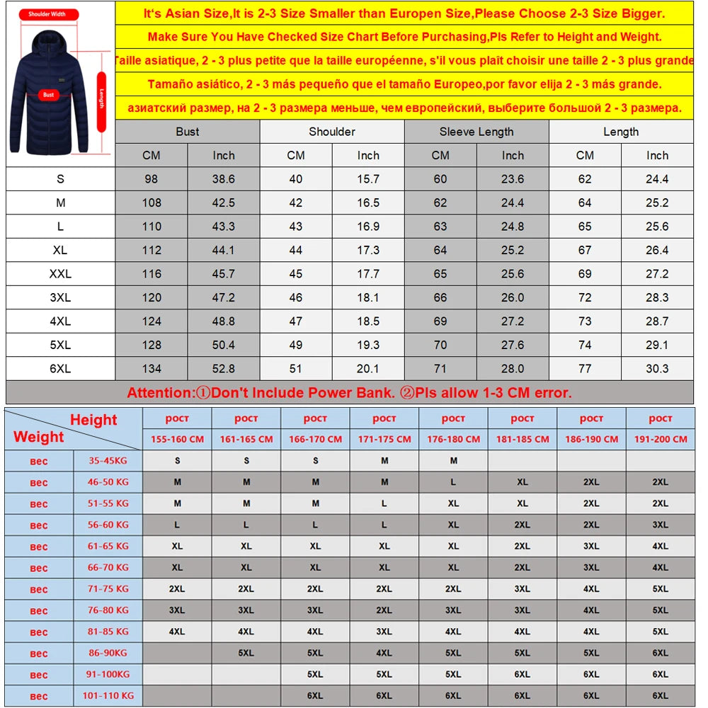 19/11/9 Areas Heated Jacket Men Electric Heating Jackets Heated Down Coat Men Women Clothing Winter Heatable Cotton Jacket Veste