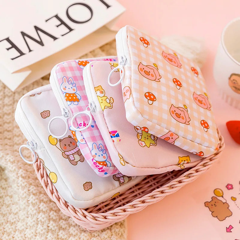 Women Girls Kawaii Cosmetic Makeup Tampon Bear Napkin Pouch Storage Bag Coin Purse Sanitary Pads Bag Mini Data Cables Organizer