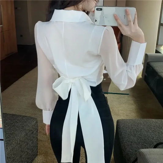 Xiaoxiangfeng Bow Shirt Spring 2024 Lace-up High Waist Slimming Super Fairy Beauty Micro-permeable Puff Sleeve Temperament Top