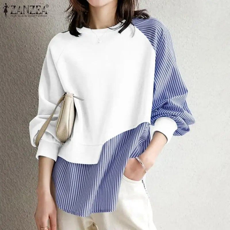 ZANZEA Autumn Striped Sweatshirts Hoodies Patchwork Pullover Fashion O Neck Women Long Sleeve Irregular Tops Spring Hooded Blusa